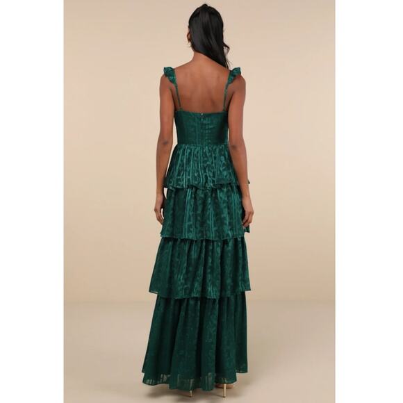 Lulus Glory Hunter Green Floral Jacquard Tiered Maxi Dress NWT Sz S - Picture 10 of 11